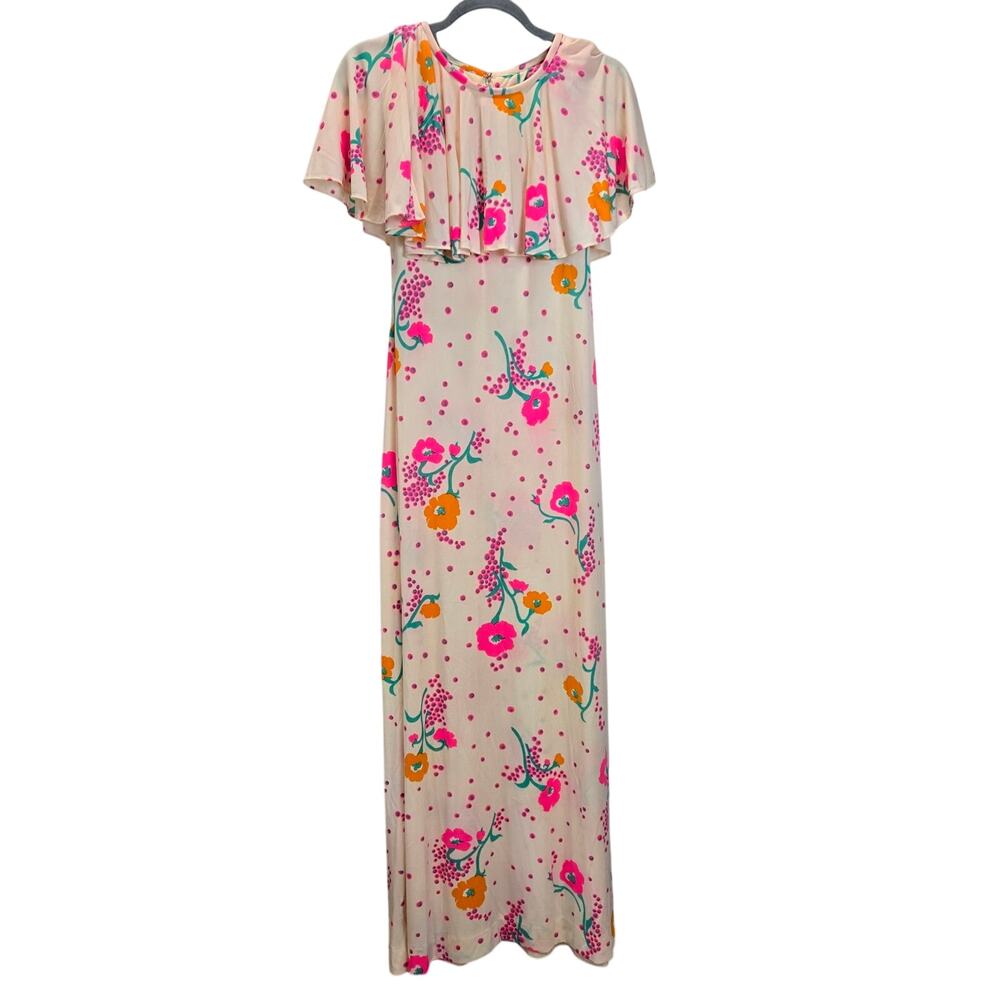 Vintage 70s Young Dimension Saks Fifth Avenue Maxi Dress Ruffle Cream Pink Fairy